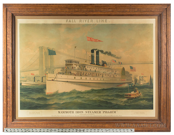 Lithograph, Fall River Line Steamer, Mammoth Iron Steamer Pilgrim, Oak Framed
Major and Knapp, New York, scale view